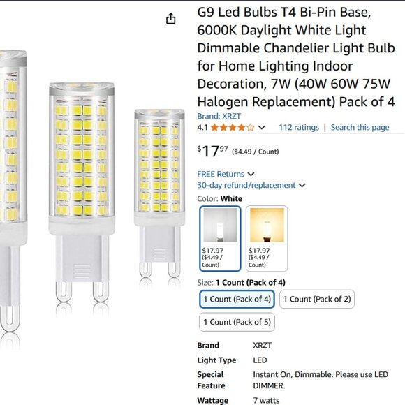 G9 Led Bulbs T4 Bi-Pin Base • 7W (40W 60W 75W Halogen Replacement) • Pack of 4 - Picture 3 of 3